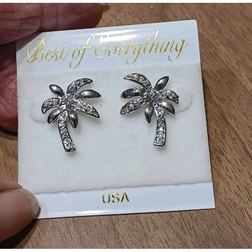 Best Of Everything Palm Tree Post Earrings Silver Plated Clear‎ Faux Crystals
